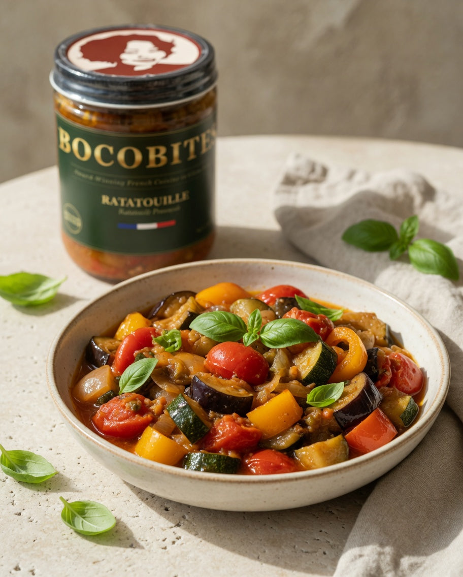 Bowl of ratatouille with a jar of Bocobites ratatouille 