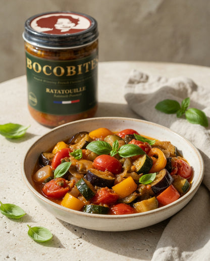 Bowl of ratatouille with a jar of Bocobites ratatouille 
