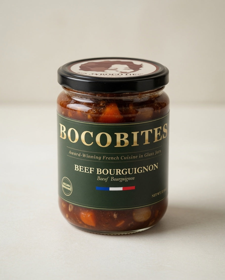 Jar of Bocobites Beef Bourguignon on a light background