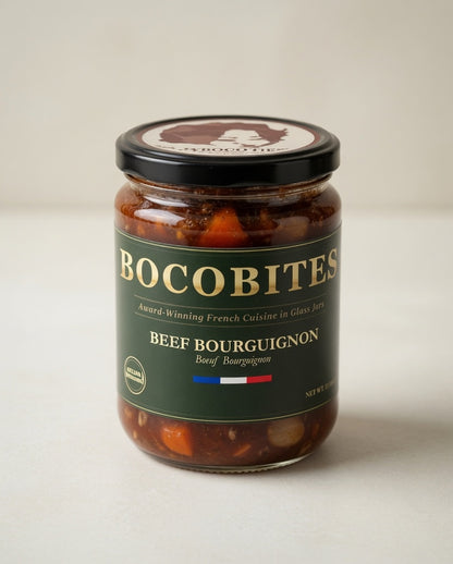 Jar of Bocobites Beef Bourguignon on a light background