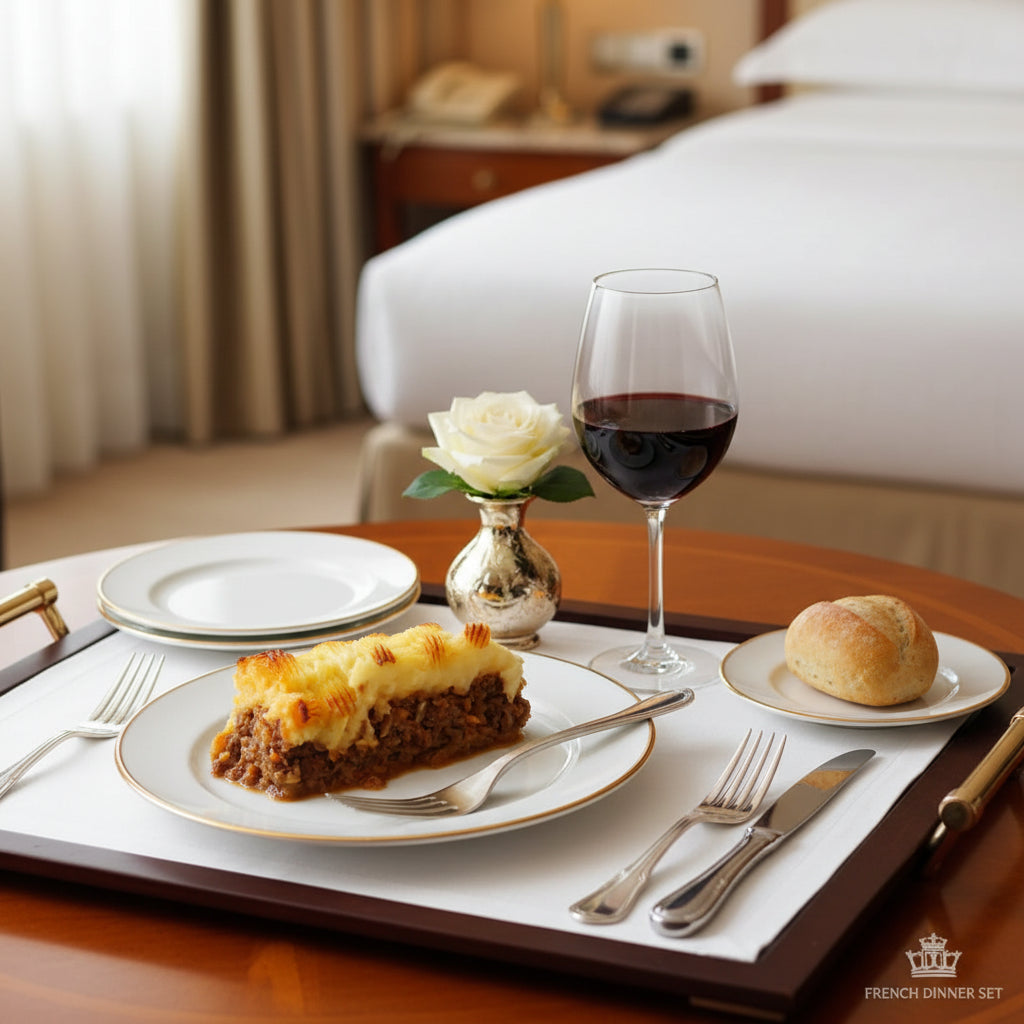 Slice of shepherd's pie on a white plate with a fork, in front of a baking dish.