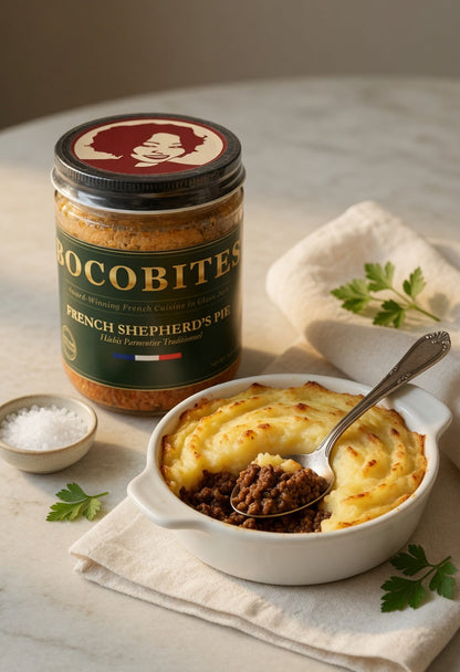 Jar of Bocobites French Shepherd's Pie mix next to a bowl of shepherd's pie on a table.