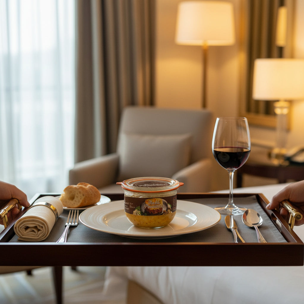 Jar of Hachis Parmentier on a dark surface with a blurred wooden background