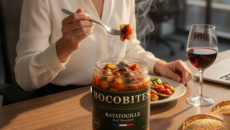 Woman eating Bocobites ravioli with a glass of wine in a modern office setting.