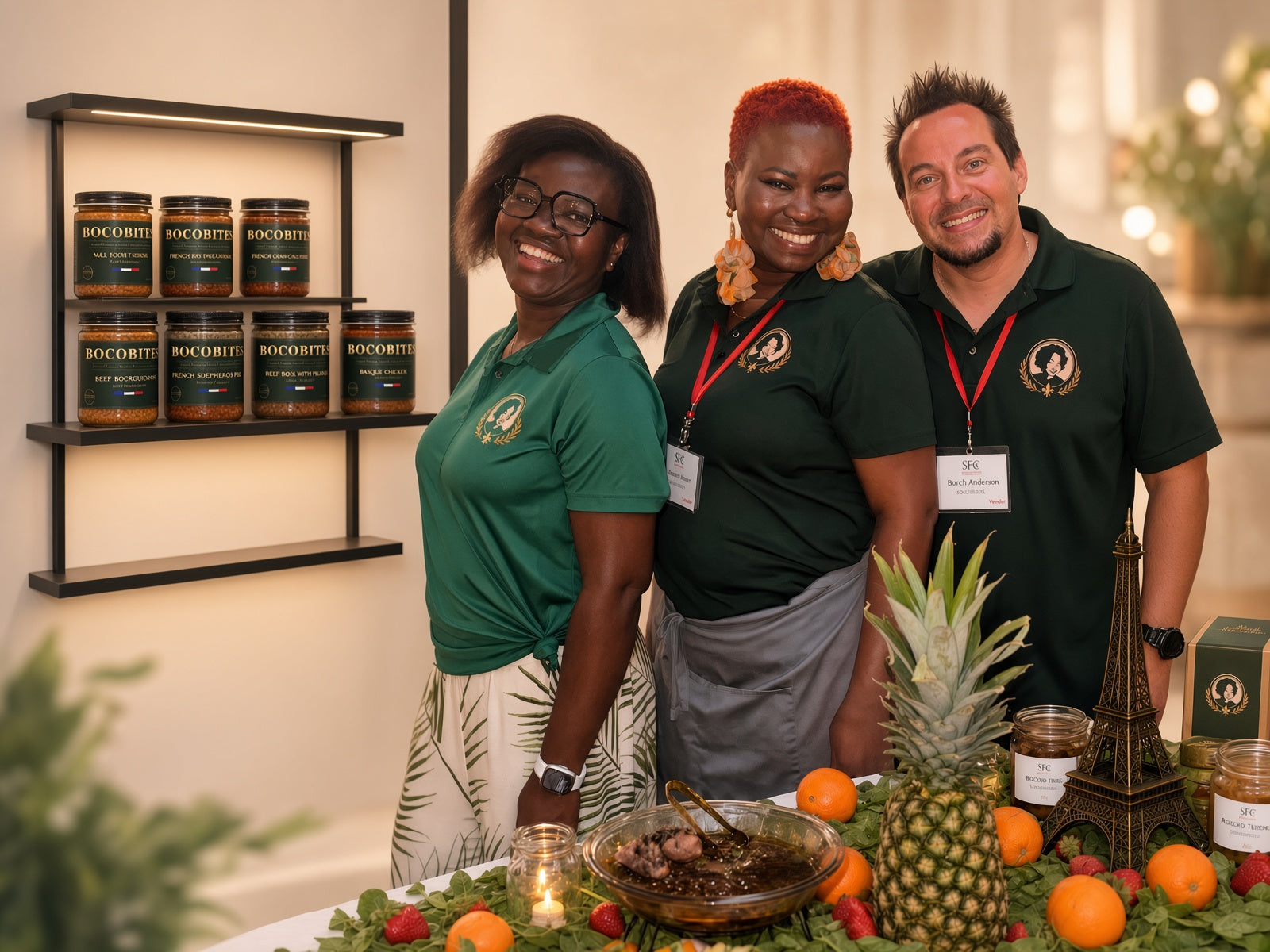 BOCOBITES team serving French meals in reusable glass jars at a Bay Area event